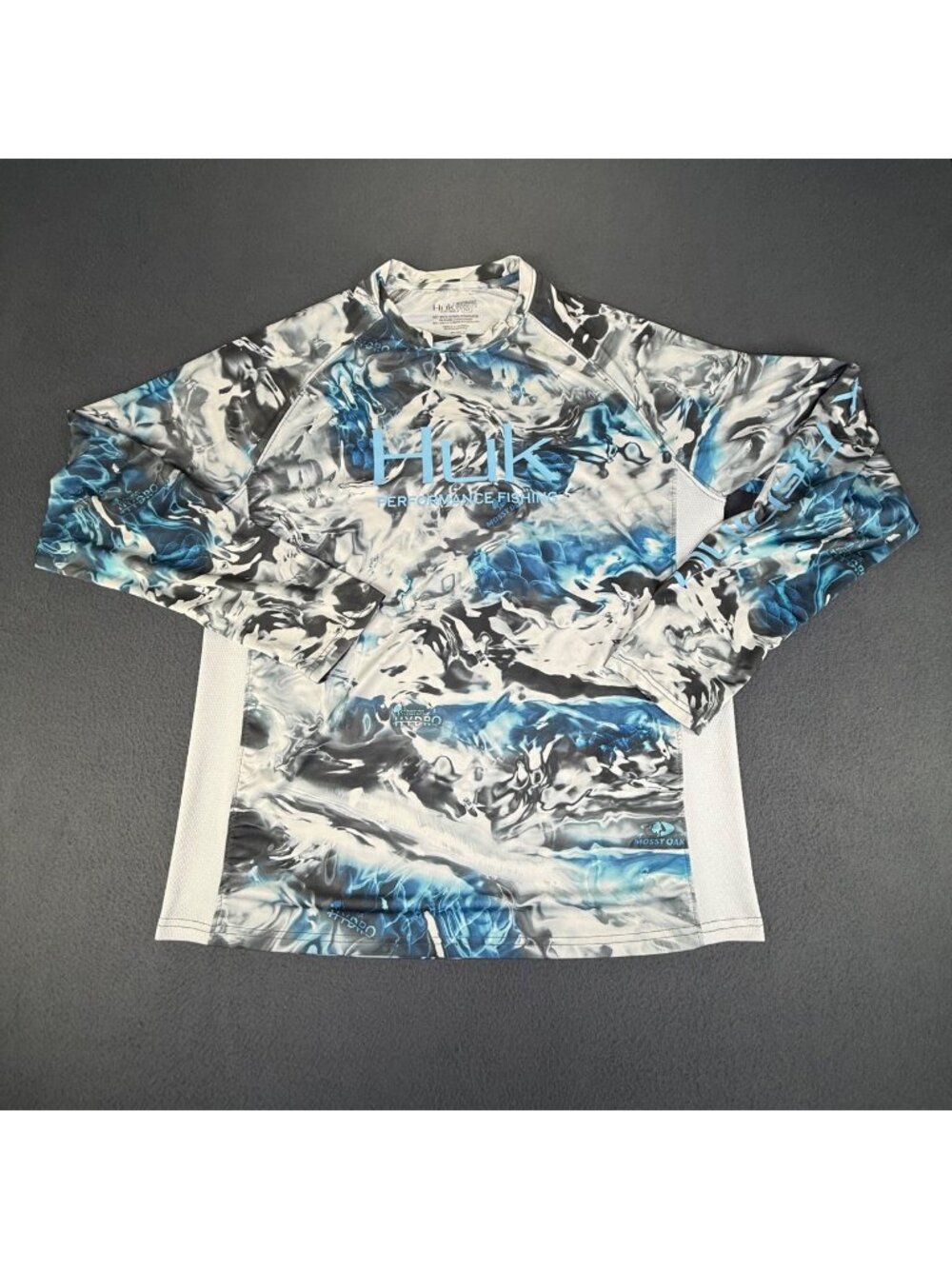 Huk Performance Fishing Shirt Mens Med Blue/Grey Mossy Oak Hydro Long Sleeve Sun